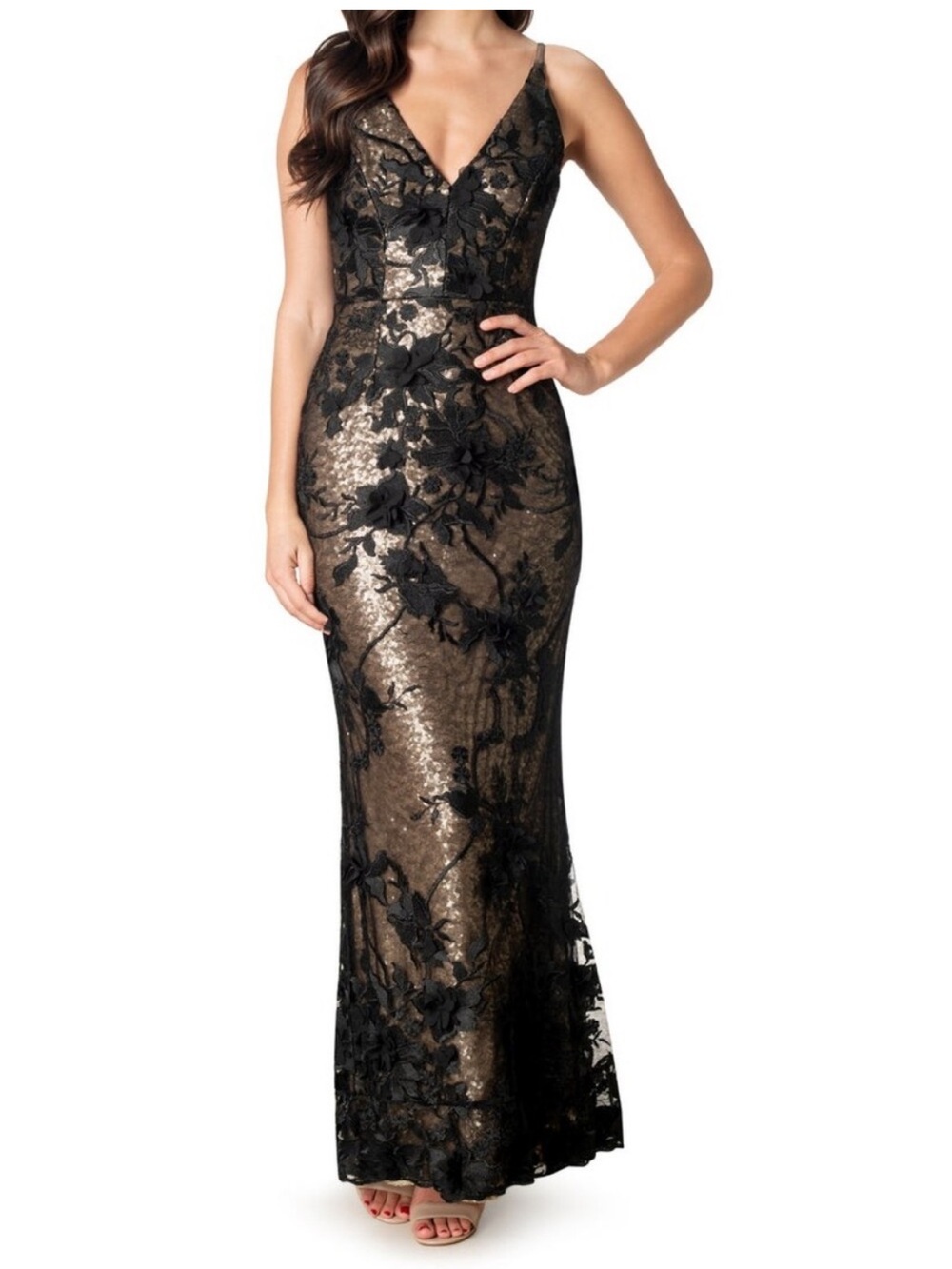 Dress the Population Sharon Gown v Neck, Mermaid black lace gold sequins NWT - Picture 4 of 10